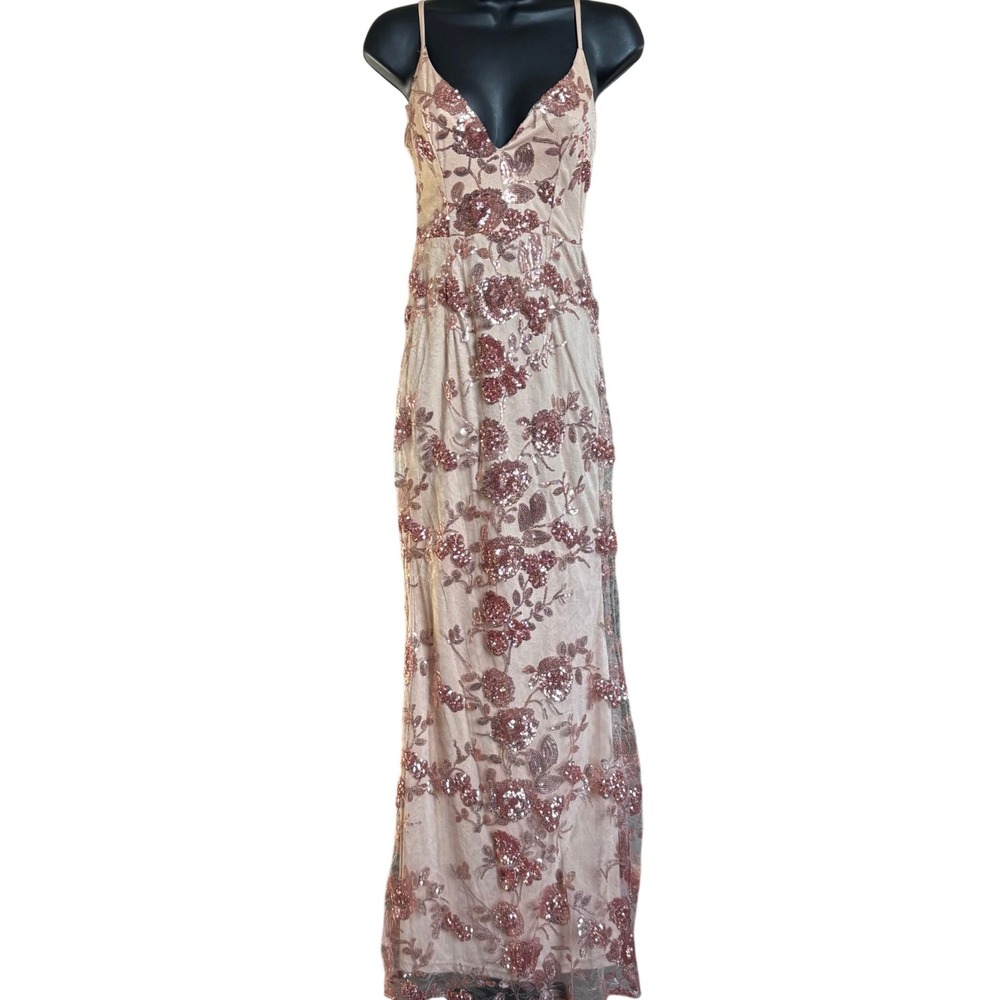 NWT Lulus Shine Language Rose Gold Sequin Mermaid Maxi Dress Sz‎ XS